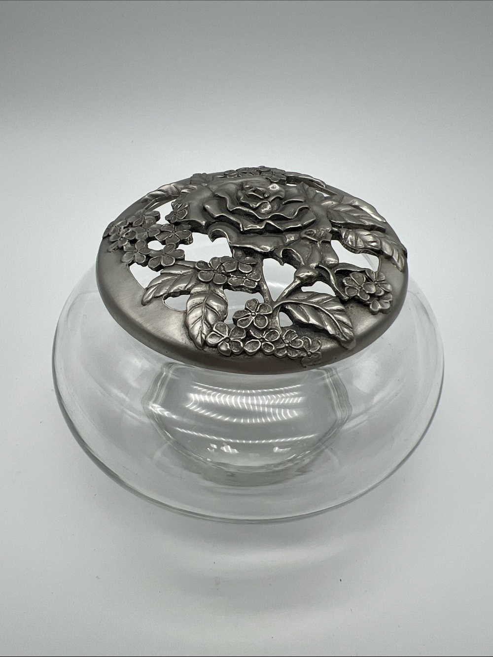 Glass Storage Jar with Floral Pewter Lid - 1988 Seagull Pewter Canada